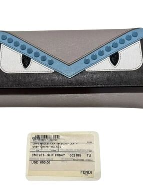 Fendi Monster Bag Bugs Wallet Grey Blue Eyes Stud Leather Long Wallet Auth Card